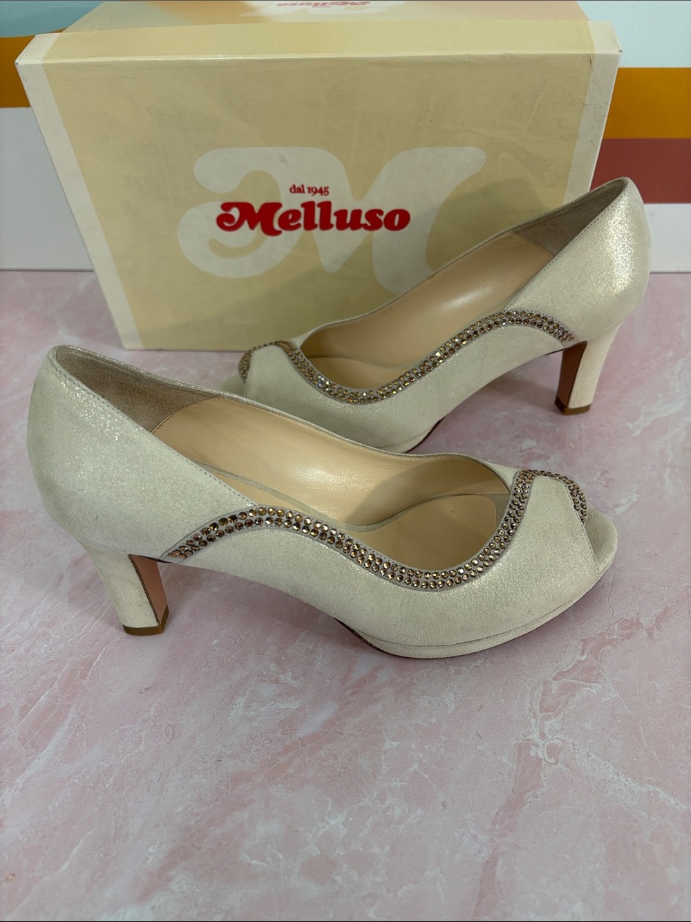 Melluso Italy Ivory Peep-Toe Heels with Copper Crystal Accent 38/7-7.5